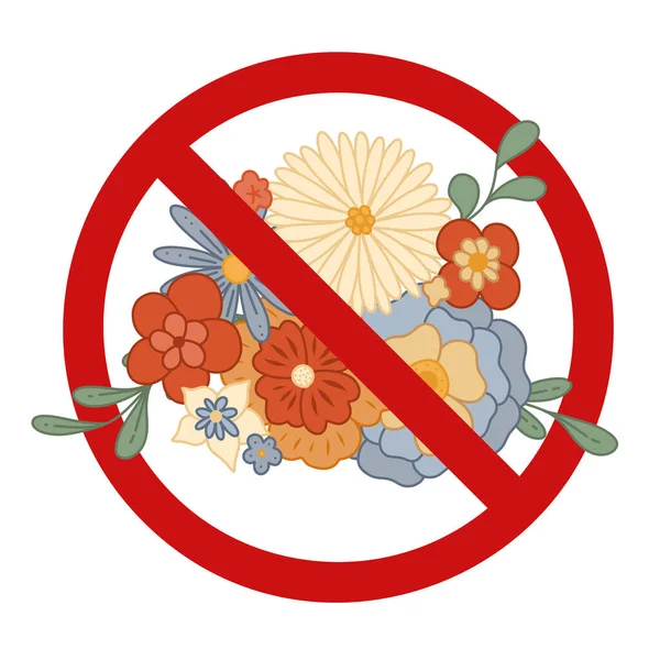 Vector prohibition sign with flower bouquet. Do not pick rare flowers. Red forbidden sign with groovy flowers. Allergy danger. Bouquet ban.