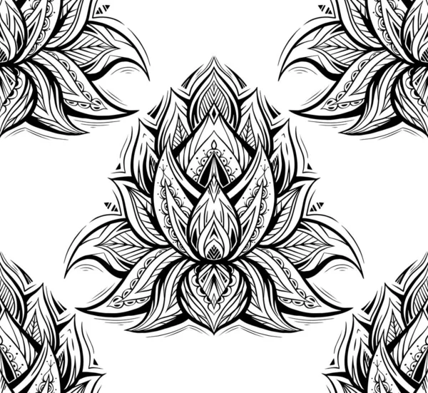 Vector Seamless Pattern Contour Tribal Lotuses Monochrome Mystical Floral Texture — Stock Vector