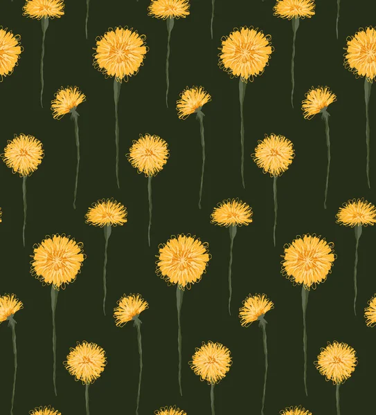 Vector Pattern Sketched Yellow Dandelions Dark Green Background Botanical Floral — Archivo Imágenes Vectoriales