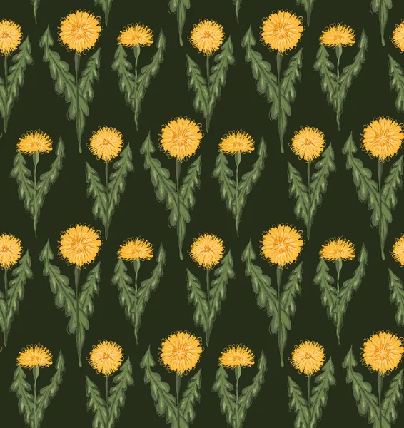 Vector Pattern Sketched Yellow Dandelions Leaves Row Dark Green Background — Stock Vector