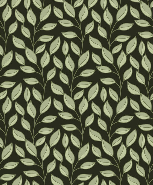Пластырь с переплетенными ветвями и листвой на темно-зеленом фоне. Векторная травяная текстура с каракулями, нарисованными вручную листьями и стеблями. Натуральные обои и ткань со стеблями