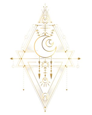 Vector card with golden esoteric symbol with crescent, star, sun and geometric decorations. Luxury image with contour space sacred decoration. Outline magic illustration with witchcraft ornament.