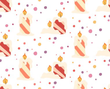 Vector seamless Christmas pattern. Holly night. New year wallpaper with flat hand drawn candles and confetti on white background. Festive texture for backgrounds, fabrics and your creativity