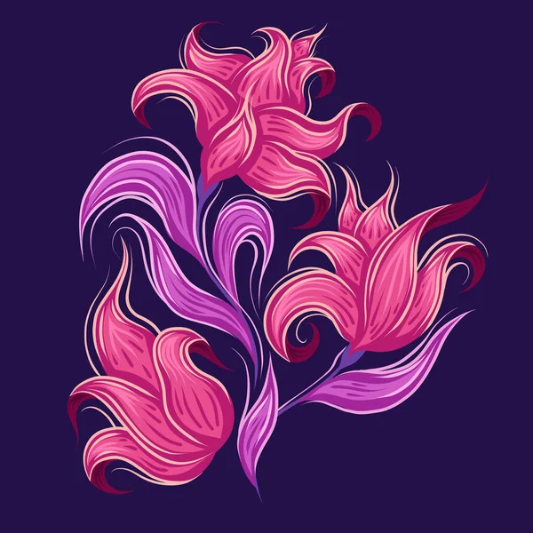 Vector Illustration Fabulous Curled Pink Flowers Dark Violet Background Fairy — Stockvector