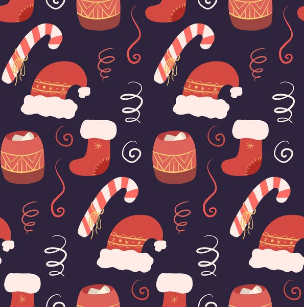 背景与红手画新年帽子 礼物和袜子紫色背景 病媒无缝圣诞图案 织物和创意的节日质感 — 图库矢量图片