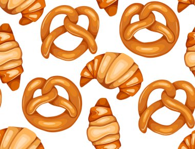 Alman ve Fransız pastanelerinde ikram edilen vektör dokusu. Çizgi filmlerdeki gibi pürüzsüz desenli, beyaz arka planda kraker ve kruvasan çizilmiş. Duvar kağıtları ve ambalaj kağıtları için çöreklerle fon