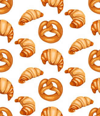 Çizgi filmlerdeki gibi pürüzsüz desenli, beyaz arka planda kraker ve kruvasan çizilmiş. Alman ve Fransız fırınlı çörekler. Kumaşlar ve ambalaj kağıtları için bisküvi arkaplanı
