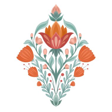 Beyaz arka planda çiçek eşkenar dörtlüsü kompozisyonu olan vektör halk sanatı çizimi. Dekoratif çiçekli ve saplı botanik klipsi. Simetrik bitkilerle dolu bir kartpostal.