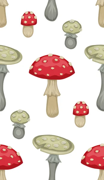 Padrão Sem Costura Vetorial Com Cogumelos Venenosos Desenhos Animados Fundo — Vetor de Stock