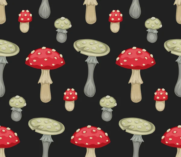无缝图案 卡通片毒蘑菇 深灰色背景 森林的秋天图画连环画 织物和墙纸用带有危险真菌的天然病媒质感 — 图库矢量图片