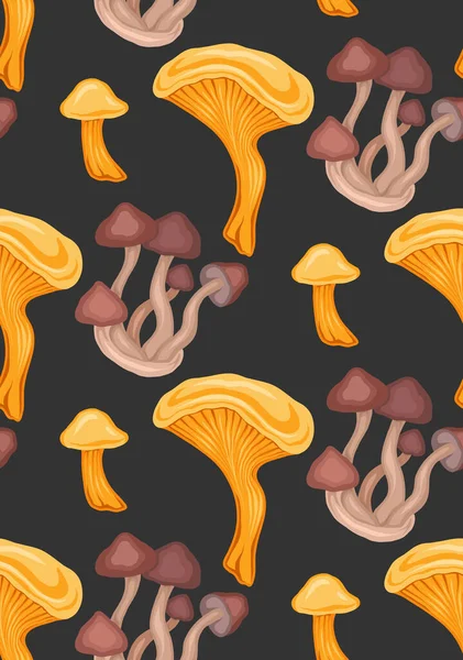 矢量无缝图案与卡通蘑菇在深灰色背景 森林长春藤和蜂蜜蘑菇的秋季画图 织物和壁纸用真菌的植物学质感 — 图库矢量图片