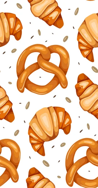 Naadloos Patroon Met Pretzels Croissants Witte Achtergrond Achtergrond Met Broodjes — Stockvector