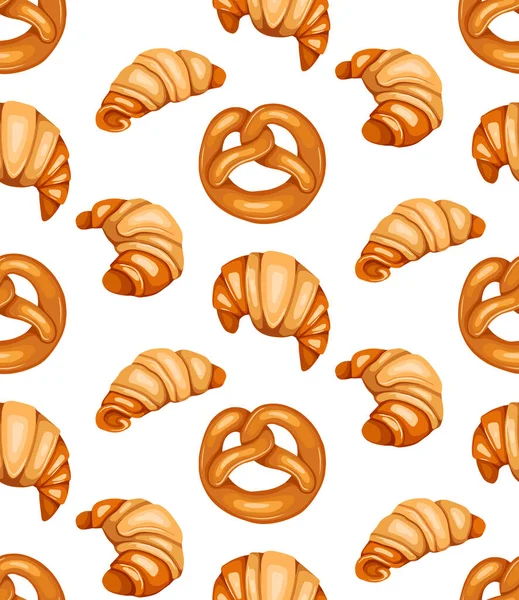 Vector Naadloos Patroon Met Cartoon Hand Getekende Pretzels Croissants Witte — Stockvector