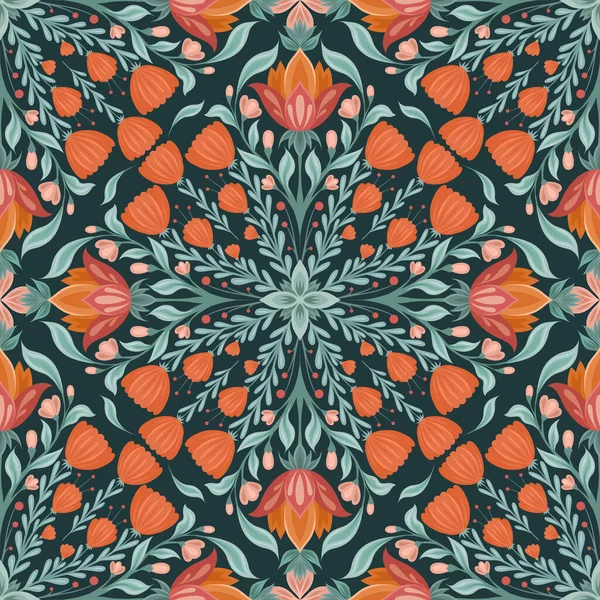 Vector Folk Art Patroon Met Geometrische Bloemen Mandala Compositie Een — Stockvector