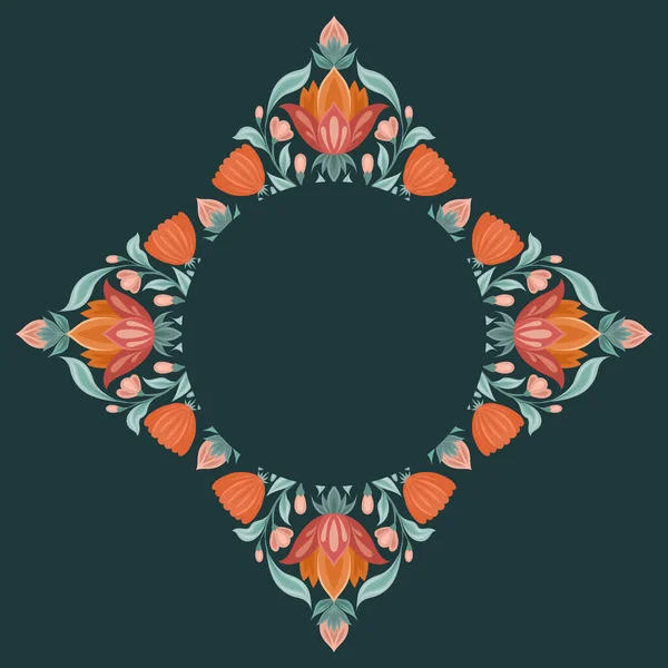 Halk Sanatı Geometrik Çiçek Mandala Ile Vektör Çerçevesi Koyu Yeşil — Stok Vektör