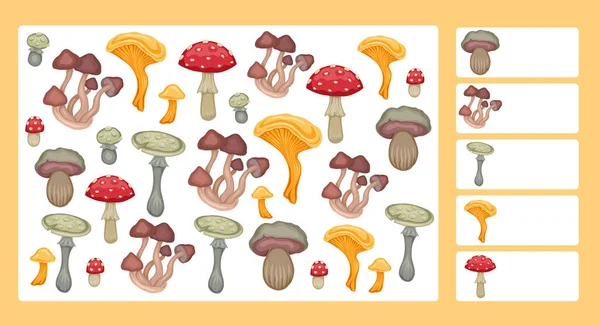 学龄前游戏的向量生物学模板 我是间谍孩子们的教育乐趣 数数有多少蘑菇 卡通手绘森林落花 — 图库矢量图片