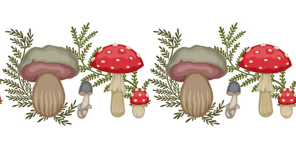 Borda Sem Costura Vetorial Cogumelos Venenosos Desenhos Animados Coloridos Caules — Vetor de Stock