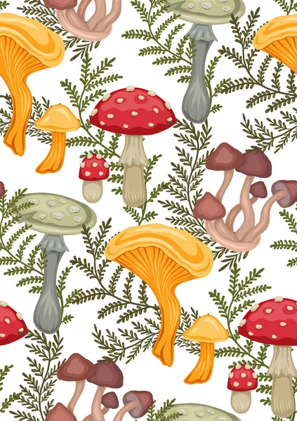 Padrão Sem Costura Vetorial Com Cogumelos Venenosos Desenhos Animados Hastes — Vetor de Stock