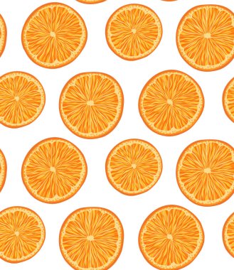 Beyaz arka planda portakal dilimleri olan kusursuz bir vektör deseni. Sıraya dizilmiş sulu meyveli desen. Yaz arkaplanı, kumaşlar ve ambalaj kağıtları için lezzetli meyveler.