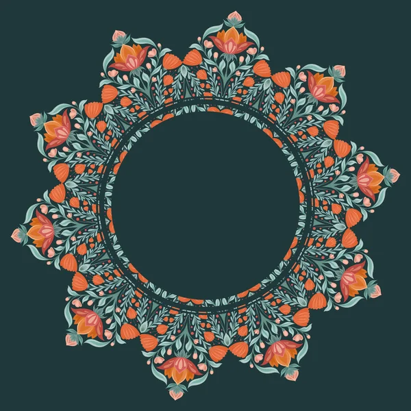 Circle Frame Folk Art Floral Rhombus Composition Dark Background Vector — Stock Vector