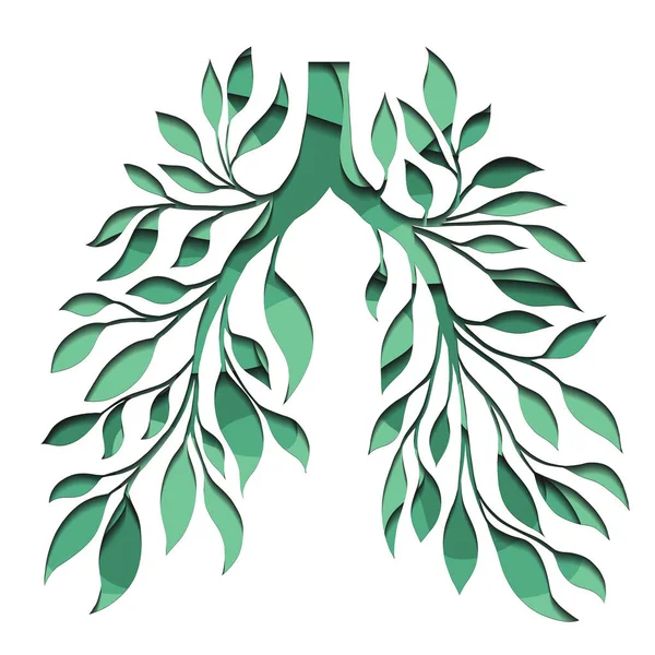 Logotipo Vectorial Con Papel Cortado Capas Pulmones Humanos Hojas Ramas — Archivo Imágenes Vectoriales