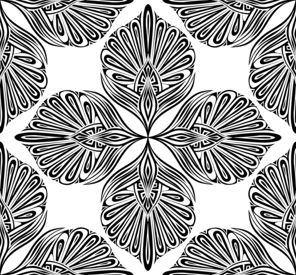 矢量单色曼陀罗年份图案 白色背景上的黑色剪影花饰品 用于织物和墙纸的花卉洛可可瓷砖质感 — 图库矢量图片