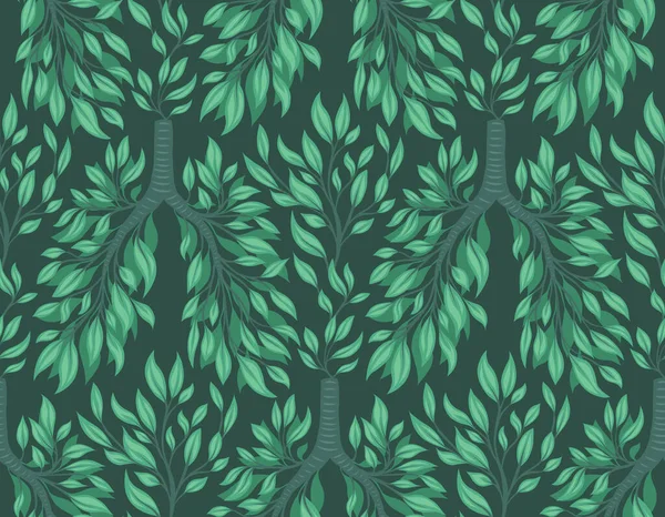 Απρόσκοπτη Μοτίβο Ανθρώπινους Πνεύμονες Από Φύλλα Και Κλαδιά Σκούρο Πράσινο — Διανυσματικό Αρχείο