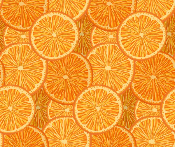 オレンジのスライスとベクトルシームレスパターン ジューシーな果実と密な食感 生地や包装紙のためのおいしい果物と夏の背景 — ストックベクタ