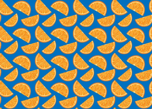 青い背景に小さなオレンジのスライスとベクトルシームレスなパターン 漫画のジューシーな果物のテクスチャ 生地や包装紙のためのおいしい柑橘類と夏の背景 — ストックベクタ