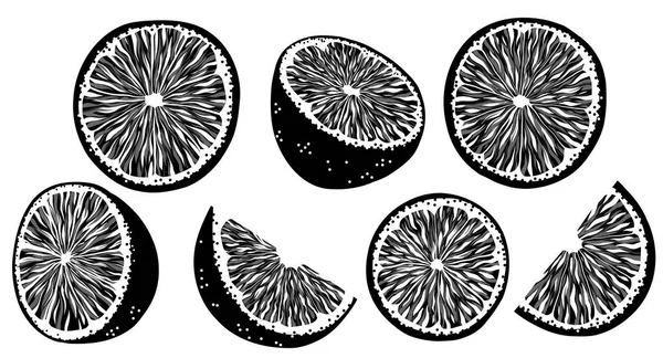 Set Vettoriale Silhouette Nera Frutti Arancia Con Fetta Fogliame Isolato — Vettoriale Stock
