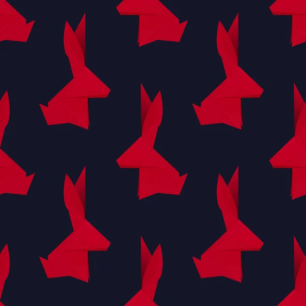 濃い背景に折り紙の赤いウサギとベクトルシームレスパターン 多角形のシェアでテクスチャ 中国の旧正月の象徴 紙は動物を折りました 壁紙やファブリックのバックアップ一覧 — ストックベクタ
