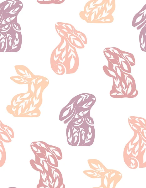 有各种姿势的装饰兔子的矢量无缝图案 具有民间艺术的纹理通常是白色背景的彩色彩绘兔 织物和墙纸用装饰性动物做衬垫 — 图库矢量图片