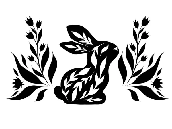 Vector Card Black Silhouette Decorated Rabbit Stems Wreath Folk Art — Stock Vector