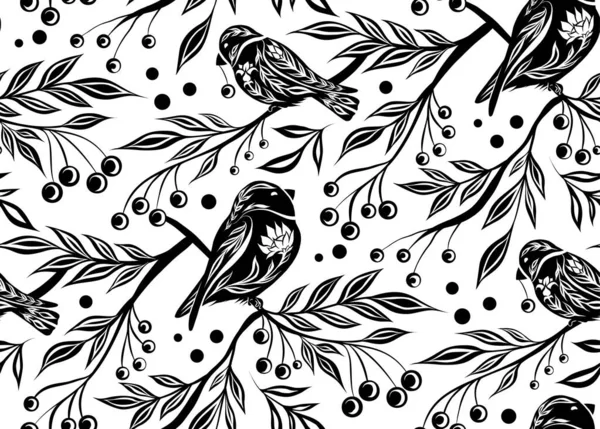 矢量无缝装饰图案与鸟类和越橘在树枝上 白色背景的灌木上有长有牛翅的黑色示踪纹理 壁纸和织物的民间艺术背景 — 图库矢量图片