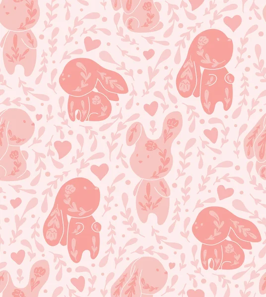 Vector Gentle Seamless Pattern Pink Decorated Bunnies Flowers Nursery Texture — Stock Vector