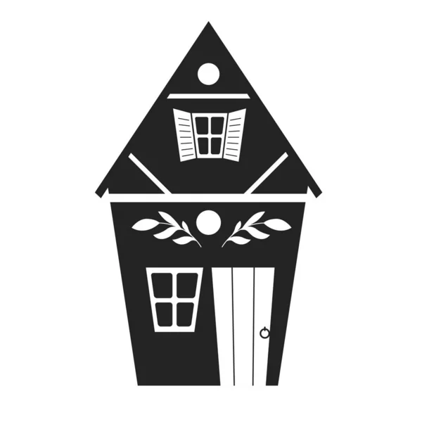 Vector Monochrome Illustration Cute Country House Logo Icon Black Silhouette — Stock Vector