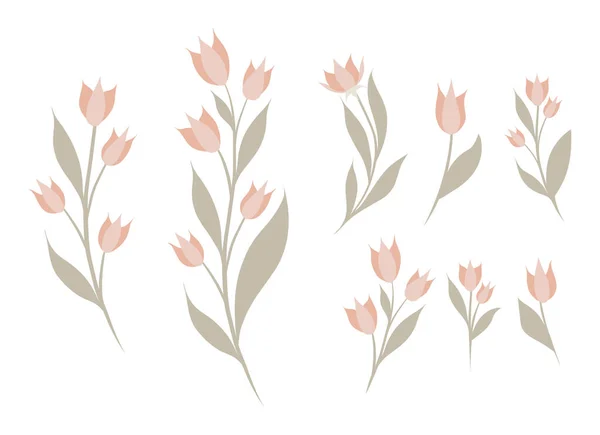 花のクリパートのベクトルセット 背景から隔離された平らなスタイルで茎にピンクの花のコレクション ステッカー ポストカード デザインのイラスト — ストックベクタ