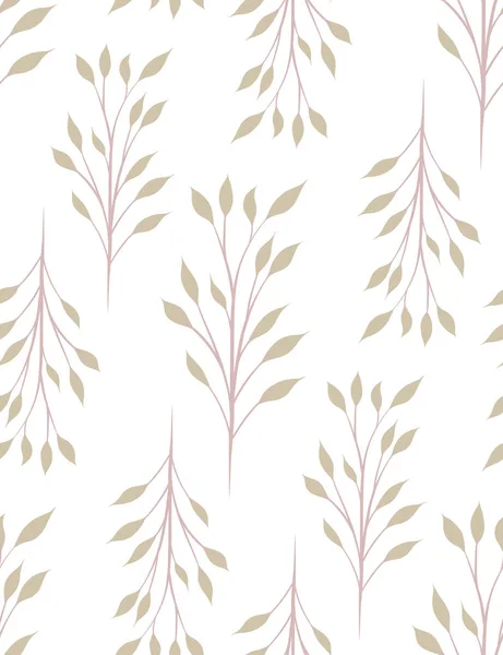 向量简单无缝模式 分枝具叶 叶柄和叶柄在白色背景上的平坦质感 面料的植物学背景 有树木的墙纸 — 图库矢量图片