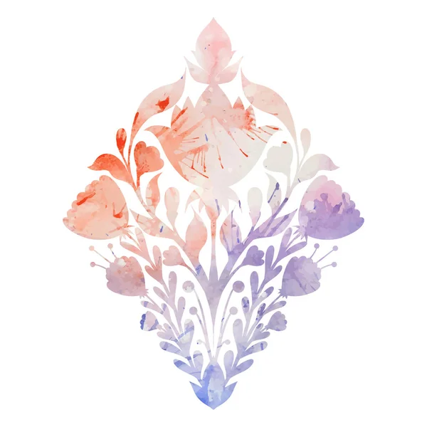 ベクトル水彩シルエット民俗芸術白の背景にスプラッシュやスプレーと花の菱形の組成物 装飾花と植物プリントクリップ 左右対称の植物で絵葉書を描く — ストックベクタ