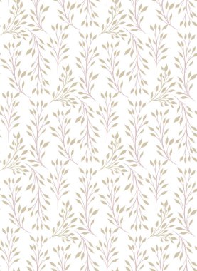 Beyaz arka planda sapları ve yaprakları olan kusursuz bir şekil. Dalları bükülmüş ve yaprakları dökülmüş düz bir doku. Kumaşlar için botanik geçmişi. Bitkisel duvar kağıtları