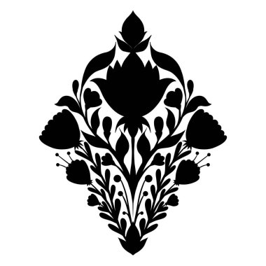Beyaz arka planda vektör halk sanatı siyah siluet çiçek eşkenarı kompozisyonu. Dekoratif çiçekli botanik baskısı. Simetrik bitkili tek renkli kartpostal