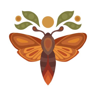 Aylı ve yapraklı bir güvenin mistik bir temsili. Renkli kuyruk sokumu klempi. Kartpostallar, süblimleşme ve çıkartmalar için uçan bir böceğin düz elle çizilmiş resmi..