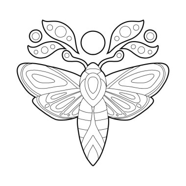 Bir güvenin vektör çizimi. Kanatlı bir böceğin Ay 'a olan kutsal tırmanışı. Renkli sayfalar ve logottipler için kelebekli bir çizgi resmi.