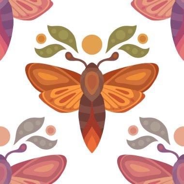 Beyaz arka planda güveleri, yaprakları ve uyduları olan vektör kuyruksuz desen. Köstebekli yumuşak renkli bir doku. Duvar kağıdı ve kumaş için kelebeklerin düz mistik arkaplanı