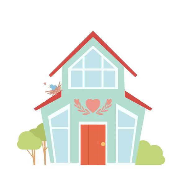 Nettes Landhaus Mit Einem Nest Mit Einem Vogel Pastellfarbe Familienliebe — Stockvektor