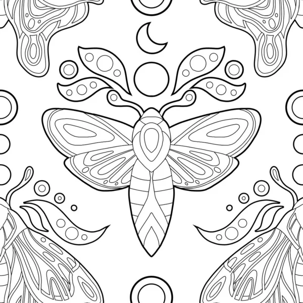 Vector Contour Mystical Seamless Pattern Moths Leaves Moons White Background — Stock Vector