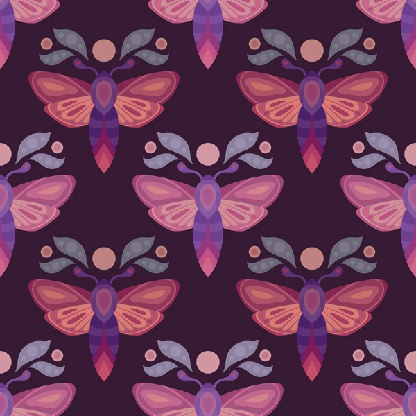 Vector Neon Sacred Seamless Pattern Moths Moons Dark Violet Background — Stock Vector