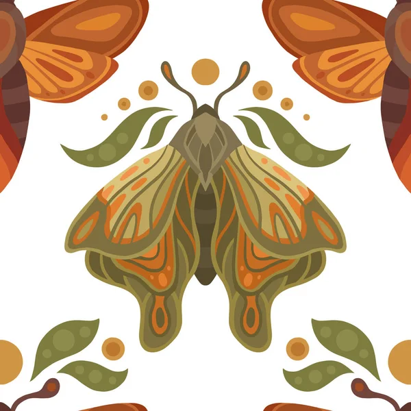 具有白色背景的蛾 叶和卫星的病媒神秘无缝图案 柔和的彩色纹理与蝴蝶 用于壁纸和织物的昆虫的平坦而神圣的背景 — 图库矢量图片