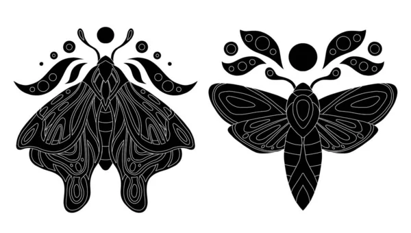 有月亮的神圣飞蛾的黑色轮廓的矢量集 收集单色轮廓蝴蝶小群 飞虫的示踪图片作为标识 痣图标 — 图库矢量图片