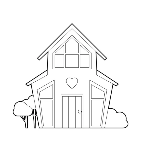 Vector Monochrome Contour Illustration Cute Country House Bushes Rental Sale — Stock Vector